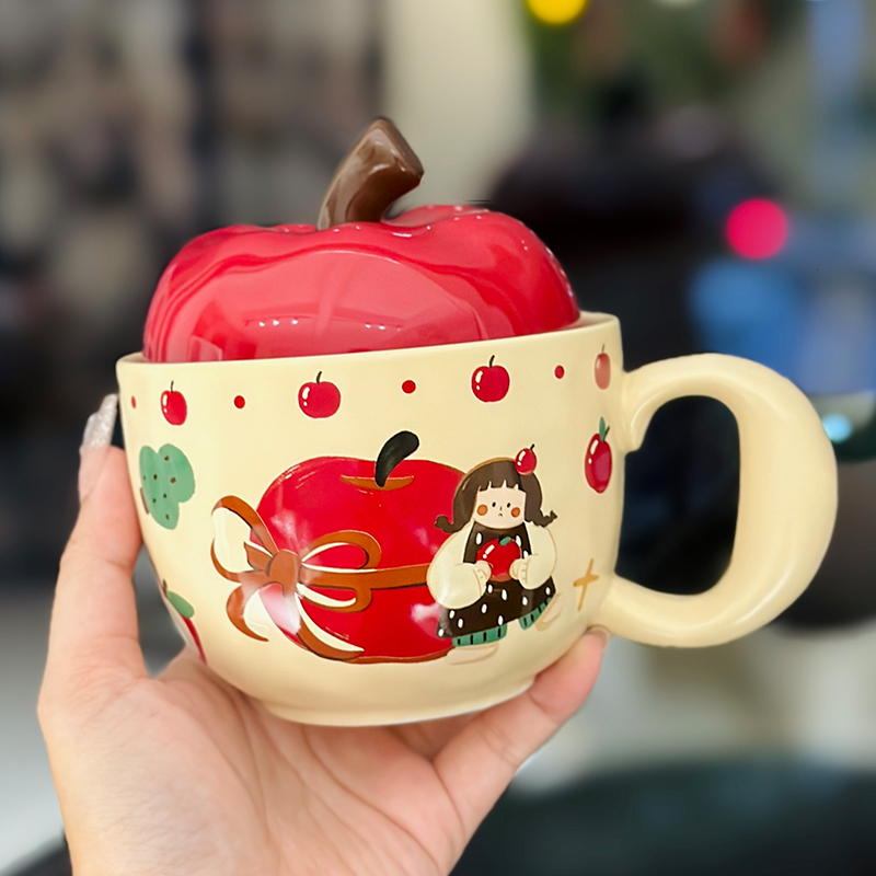 Adorable Ceramic Apple Tree Girl Mug with Lid and Spoon - Artistic High-Value Coffee Cup for Home and Office Use Adorable Ceramic Apple Tree Girl Mug with Lid and Spoon - Artistic High-Value Coffee Cup for Home and Office Use