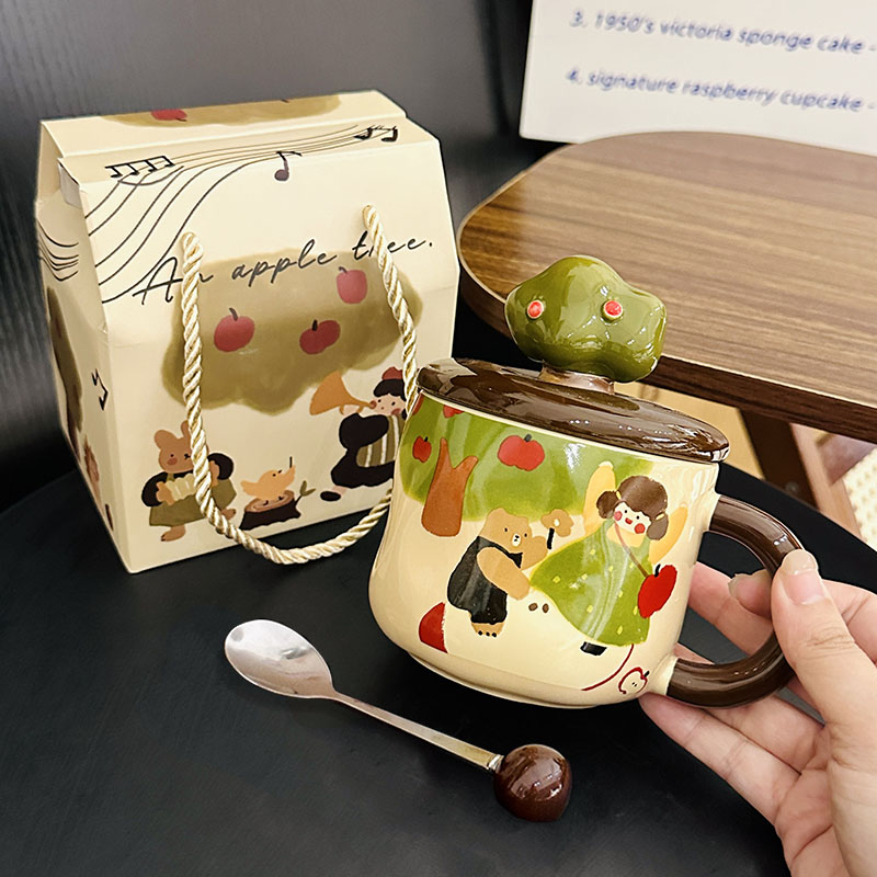 Adorable Ceramic Apple Tree Girl Mug with Lid and Spoon - Artistic High-Value Coffee Cup for Home and Office Use Adorable Ceramic Apple Tree Girl Mug with Lid and Spoon - Artistic High-Value Coffee Cup for Home and Office Use