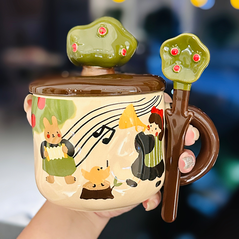 Adorable Ceramic Apple Tree Girl Mug with Lid and Spoon - Artistic High-Value Coffee Cup for Home and Office Use Adorable Ceramic Apple Tree Girl Mug with Lid and Spoon - Artistic High-Value Coffee Cup for Home and Office Use