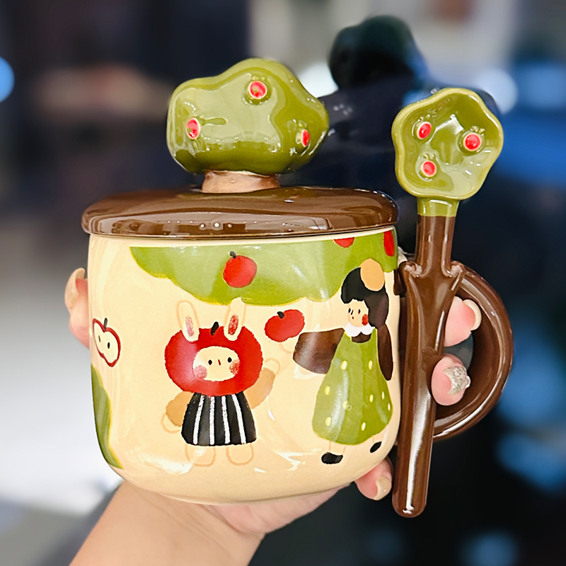 Adorable Ceramic Apple Tree Girl Mug with Lid and Spoon - Artistic High-Value Coffee Cup for Home and Office Use Adorable Ceramic Apple Tree Girl Mug with Lid and Spoon - Artistic High-Value Coffee Cup for Home and Office Use