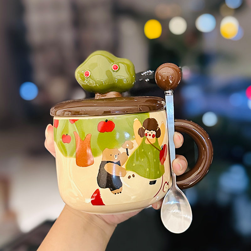 Adorable Ceramic Apple Tree Girl Mug with Lid and Spoon - Artistic High-Value Coffee Cup for Home and Office Use Adorable Ceramic Apple Tree Girl Mug with Lid and Spoon - Artistic High-Value Coffee Cup for Home and Office Use