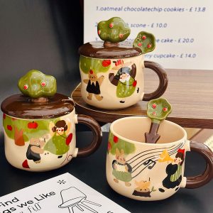 Adorable Ceramic Apple Tree Girl Mug with Lid and Spoon - Artistic High-Value Coffee Cup for Home and Office Use