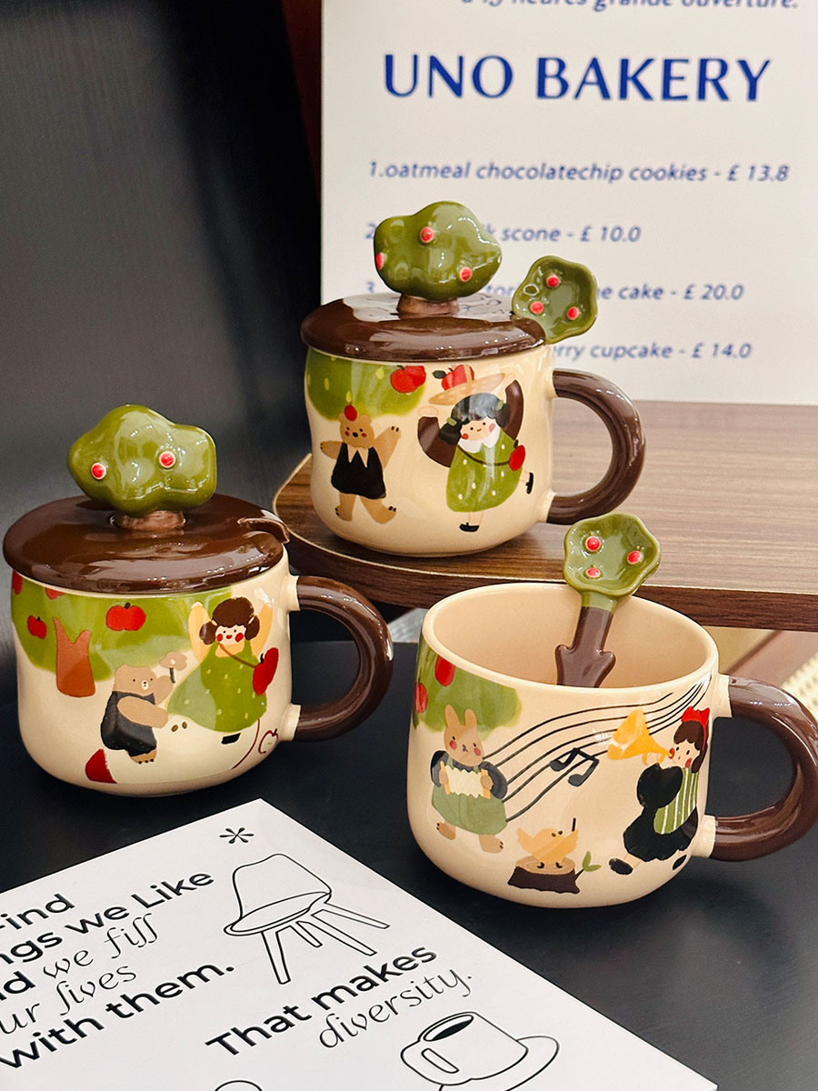 Adorable Ceramic Apple Tree Girl Mug with Lid and Spoon - Artistic High-Value Coffee Cup for Home and Office Use Adorable Ceramic Apple Tree Girl Mug with Lid and Spoon - Artistic High-Value Coffee Cup for Home and Office Use