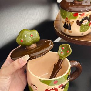 Adorable Ceramic Apple Tree Girl Mug with Lid and Spoon - Artistic High-Value Coffee Cup for Home and Office Use