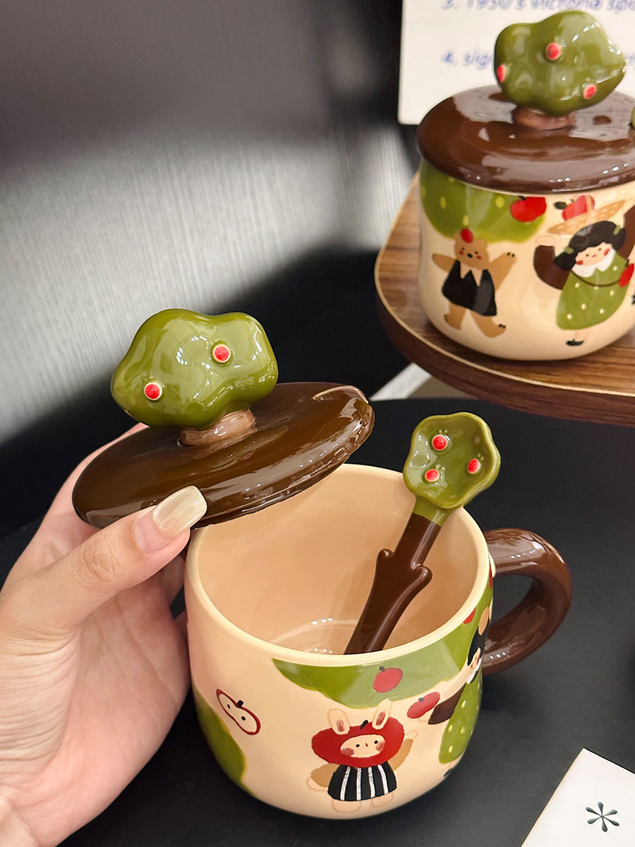 Adorable Ceramic Apple Tree Girl Mug with Lid and Spoon - Artistic High-Value Coffee Cup for Home and Office Use Adorable Ceramic Apple Tree Girl Mug with Lid and Spoon - Artistic High-Value Coffee Cup for Home and Office Use