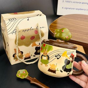 Adorable Ceramic Apple Tree Girl Mug with Lid and Spoon - Artistic High-Value Coffee Cup for Home and Office Use