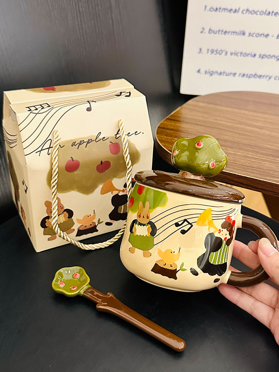 Adorable Ceramic Apple Tree Girl Mug with Lid and Spoon - Artistic High-Value Coffee Cup for Home and Office Use Adorable Ceramic Apple Tree Girl Mug with Lid and Spoon - Artistic High-Value Coffee Cup for Home and Office Use