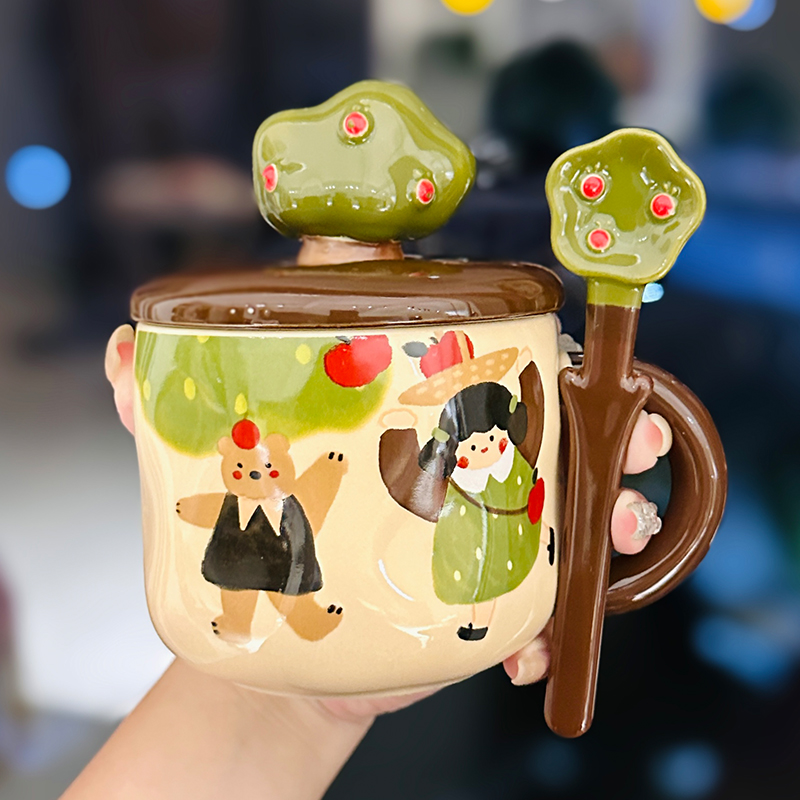 Adorable Ceramic Apple Tree Girl Mug with Lid and Spoon - Artistic High-Value Coffee Cup for Home and Office Use Adorable Ceramic Apple Tree Girl Mug with Lid and Spoon - Artistic High-Value Coffee Cup for Home and Office Use