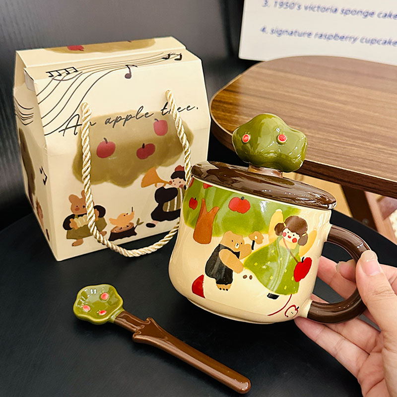 Adorable Ceramic Apple Tree Girl Mug with Lid and Spoon - Artistic High-Value Coffee Cup for Home and Office Use Adorable Ceramic Apple Tree Girl Mug with Lid and Spoon - Artistic High-Value Coffee Cup for Home and Office Use