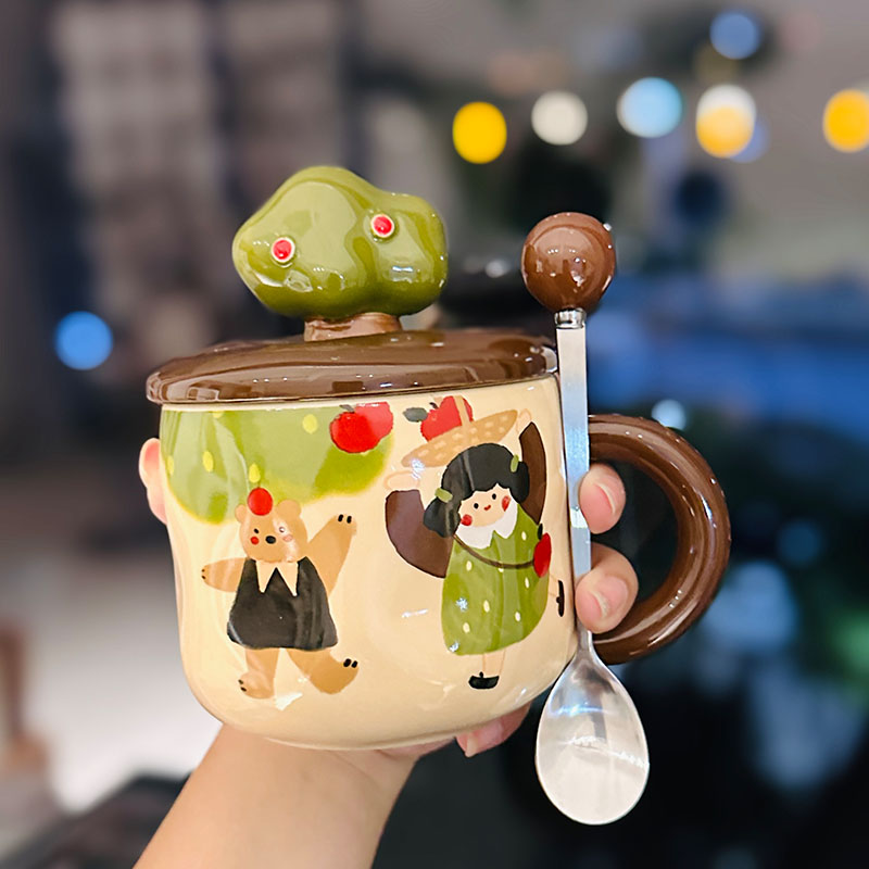 Adorable Ceramic Apple Tree Girl Mug with Lid and Spoon - Artistic High-Value Coffee Cup for Home and Office Use Adorable Ceramic Apple Tree Girl Mug with Lid and Spoon - Artistic High-Value Coffee Cup for Home and Office Use