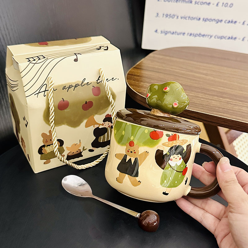 Adorable Ceramic Apple Tree Girl Mug with Lid and Spoon - Artistic High-Value Coffee Cup for Home and Office Use Adorable Ceramic Apple Tree Girl Mug with Lid and Spoon - Artistic High-Value Coffee Cup for Home and Office Use