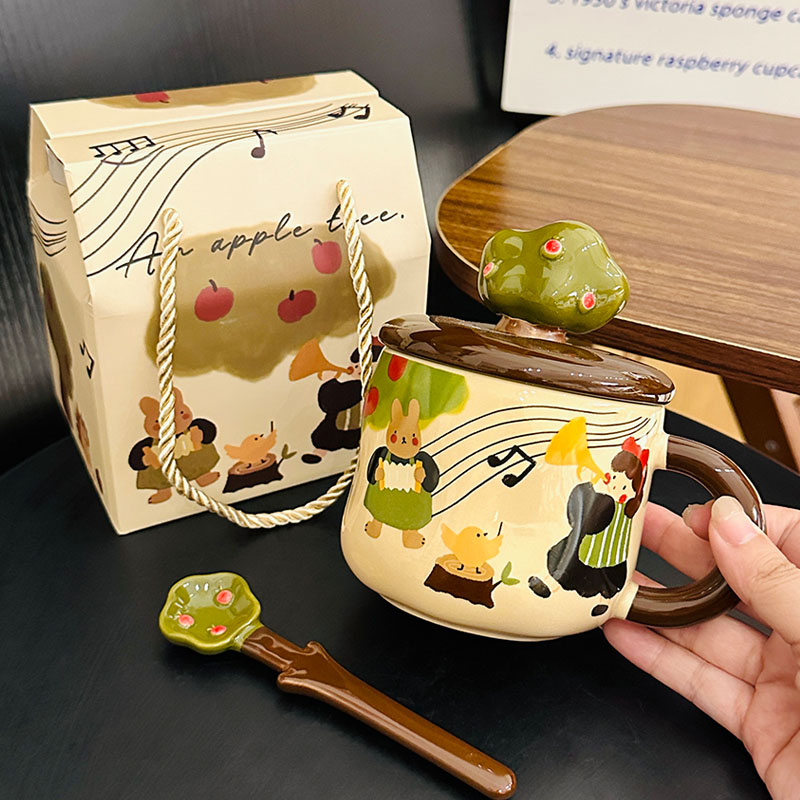 Adorable Ceramic Apple Tree Girl Mug with Lid and Spoon - Artistic High-Value Coffee Cup for Home and Office Use Adorable Ceramic Apple Tree Girl Mug with Lid and Spoon - Artistic High-Value Coffee Cup for Home and Office Use