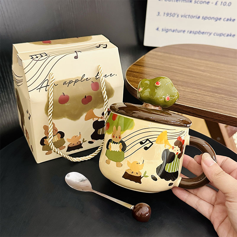 Adorable Ceramic Apple Tree Girl Mug with Lid and Spoon - Artistic High-Value Coffee Cup for Home and Office Use Adorable Ceramic Apple Tree Girl Mug with Lid and Spoon - Artistic High-Value Coffee Cup for Home and Office Use