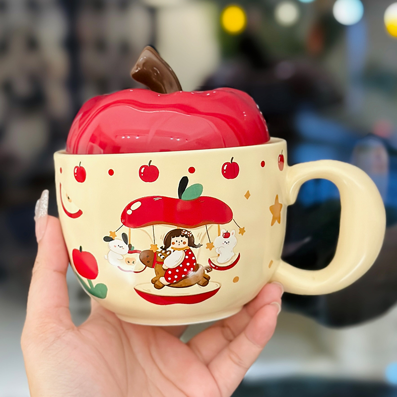 Adorable Ceramic Apple Tree Girl Mug with Lid and Spoon - Artistic High-Value Coffee Cup for Home and Office Use Adorable Ceramic Apple Tree Girl Mug with Lid and Spoon - Artistic High-Value Coffee Cup for Home and Office Use