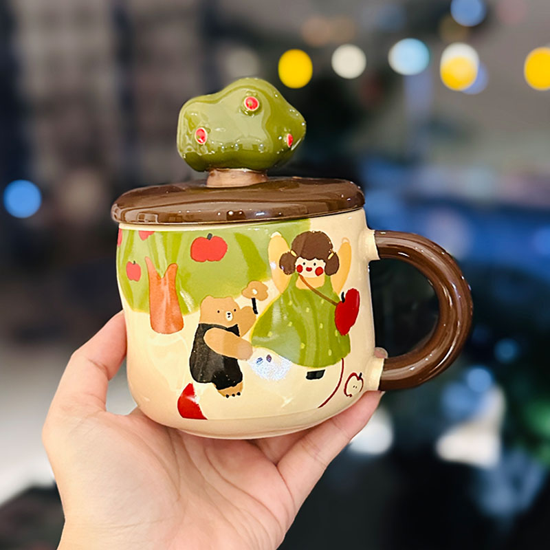 Adorable Ceramic Apple Tree Girl Mug with Lid and Spoon - Artistic High-Value Coffee Cup for Home and Office Use Adorable Ceramic Apple Tree Girl Mug with Lid and Spoon - Artistic High-Value Coffee Cup for Home and Office Use