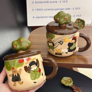Adorable Ceramic Apple Tree Girl Mug with Lid and Spoon - Artistic High-Value Coffee Cup for Home and Office Use