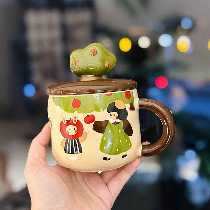 Adorable Ceramic Apple Tree Girl Mug with Lid and Spoon - Artistic High-Value Coffee Cup for Home and Office Use Adorable Ceramic Apple Tree Girl Mug with Lid and Spoon - Artistic High-Value Coffee Cup for Home and Office Use