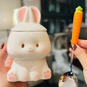 Adorable Ceramic Rabbit-Shaped Mug with Lid and Spoon - Perfect for Dorms, Water, Coffee, and Tea Lovers