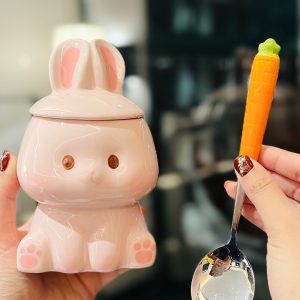 Adorable Ceramic Rabbit-Shaped Mug with Lid and Spoon - Perfect for Dorms, Water, Coffee, and Tea Lovers
