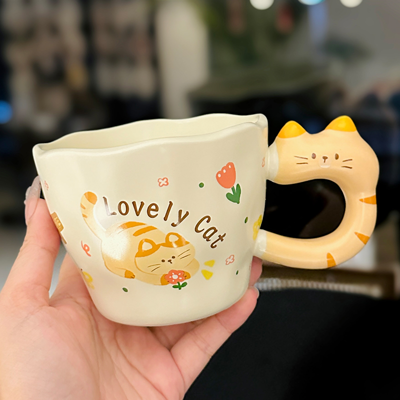 Adorable Orange Cat Girl Ceramic Drinking Cup - Cute Office Tea and Coffee Mug for Breakfast, Perfect Gift for Cat Lovers