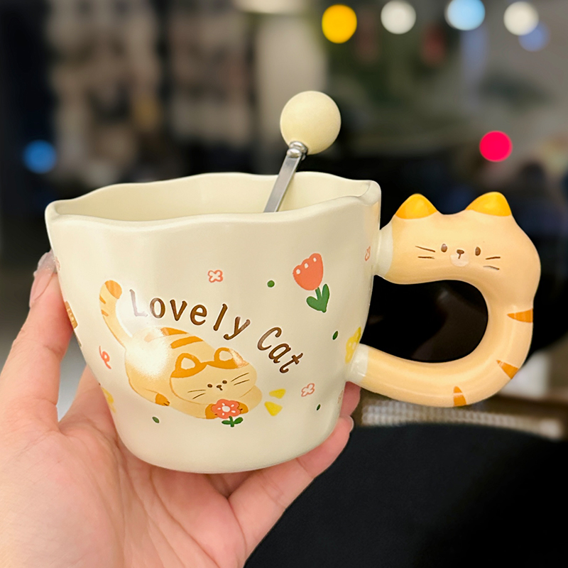 Adorable Orange Cat Girl Ceramic Drinking Cup - Cute Office Tea and Coffee Mug for Breakfast, Perfect Gift for Cat Lovers
