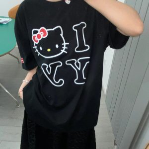 Age-Reducing Cute Kitty Print Heavyweight Cotton Short Sleeve T-Shirt - Irresistible Korean Niche Design
