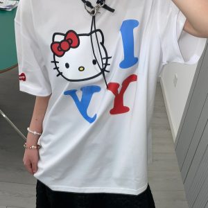 Age-Reducing Cute Kitty Print Heavyweight Cotton Short Sleeve T-Shirt - Irresistible Korean Niche Design