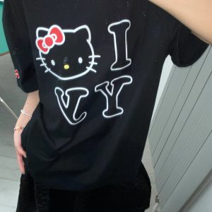 Age-Reducing Cute Kitty Print Heavyweight Cotton Short Sleeve T-Shirt - Irresistible Korean Niche Design