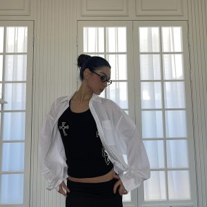 Airy White Shirt and Black Mini Low-Waist Skirt Set - Stylish Girl Outfit, Y2K Fashion, Trendy Summer Look