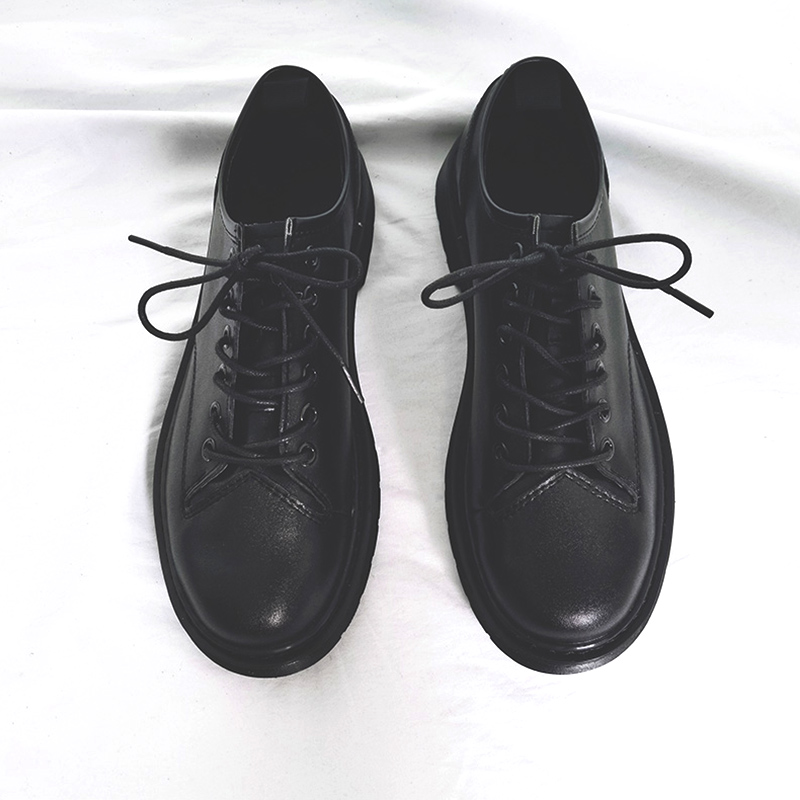 All-Black Men's Leather Shoes - Harajuku Style Thick-Soled Japanese Retro Round-Toe Casual Trendy Footwear