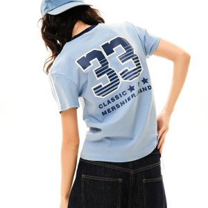 American College Style Printed Short-Sleeve T-Shirt for Women - Summer Slim-Fit Three-Stripe Sports Top