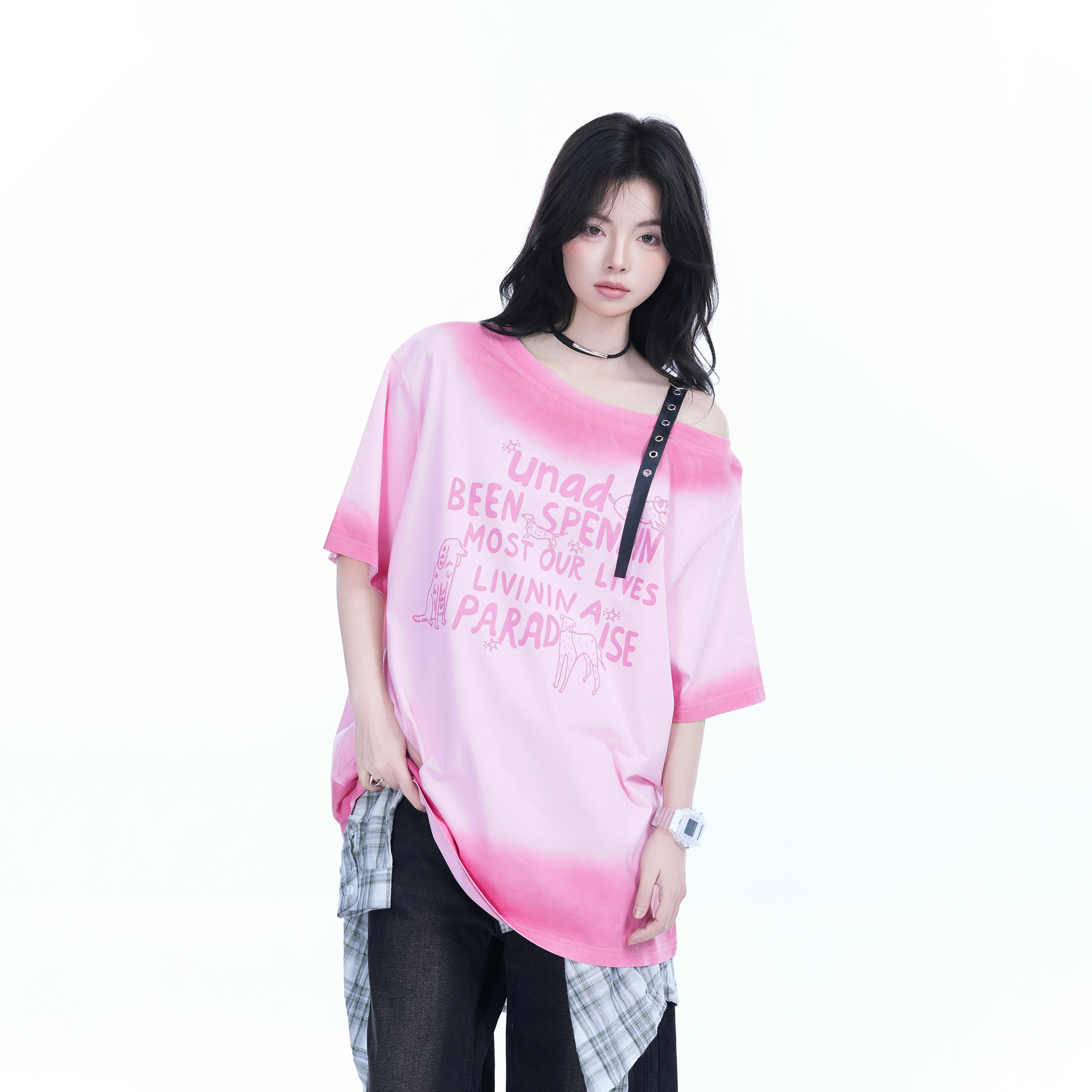 American Gradient Leather Buckle Off-Shoulder Oversized Short Sleeve T-Shirt for Women - Trendy Casual Spicy Girl Style