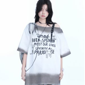 American Gradient Leather Buckle Off-Shoulder Oversized Short Sleeve T-Shirt for Women - Trendy Casual Spicy Girl Style