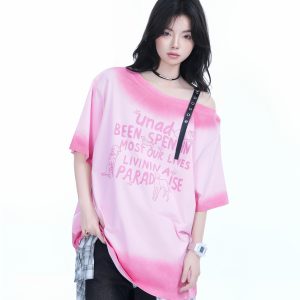 American Gradient Leather Buckle Off-Shoulder Oversized Short Sleeve T-Shirt for Women - Trendy Casual Spicy Girl Style