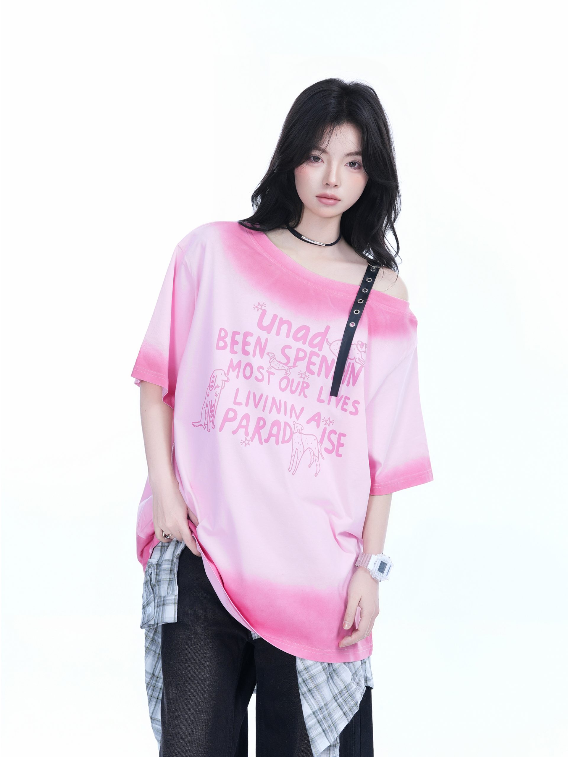 American Gradient Leather Buckle Off-Shoulder Oversized Short Sleeve T-Shirt for Women - Trendy Casual Spicy Girl Style American Gradient Leather Buckle Off-Shoulder Oversized Short Sleeve T-Shirt for Women - Trendy Casual Spicy Girl Style