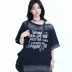 American Gradient Leather Buckle Off-Shoulder Oversized Short Sleeve T-Shirt for Women - Trendy Casual Spicy Girl Style