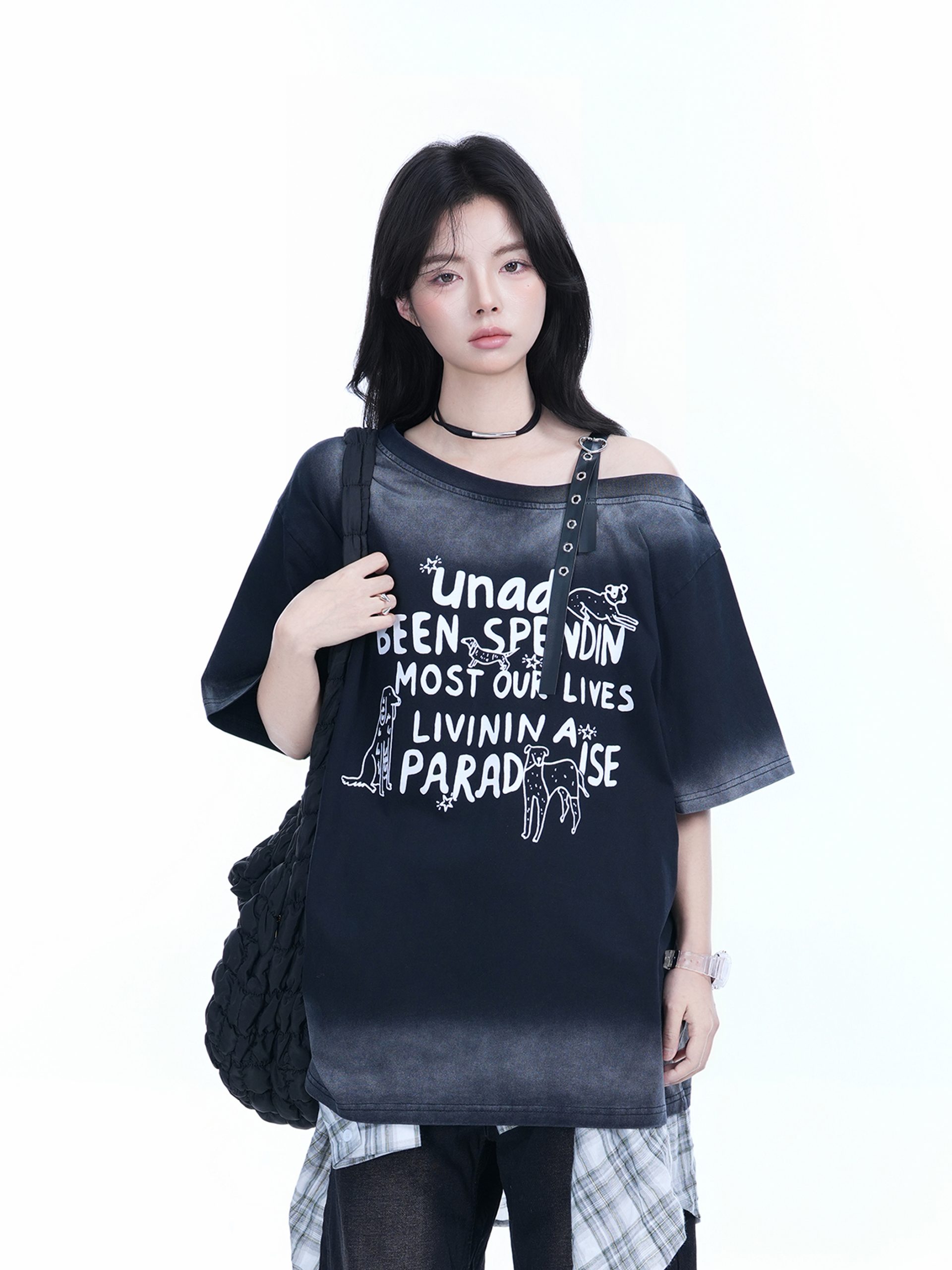 American Gradient Leather Buckle Off-Shoulder Oversized Short Sleeve T-Shirt for Women - Trendy Casual Spicy Girl Style American Gradient Leather Buckle Off-Shoulder Oversized Short Sleeve T-Shirt for Women - Trendy Casual Spicy Girl Style