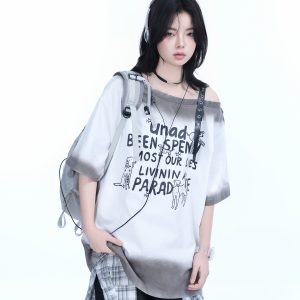 American Gradient Leather Buckle Off-Shoulder Oversized Short Sleeve T-Shirt for Women - Trendy Casual Spicy Girl Style
