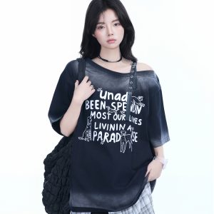 American Gradient Leather Buckle Off-Shoulder Oversized Short Sleeve T-Shirt for Women - Trendy Casual Spicy Girl Style