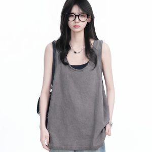 American Hip-Hop Distressed Rolled-Edge Tank Top for Women - Oversized Loose Sleeveless Tee, Trendy 90s Style