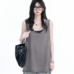American Hip-Hop Distressed Rolled-Edge Tank Top for Women - Oversized Loose Sleeveless Tee, Trendy 90s Style