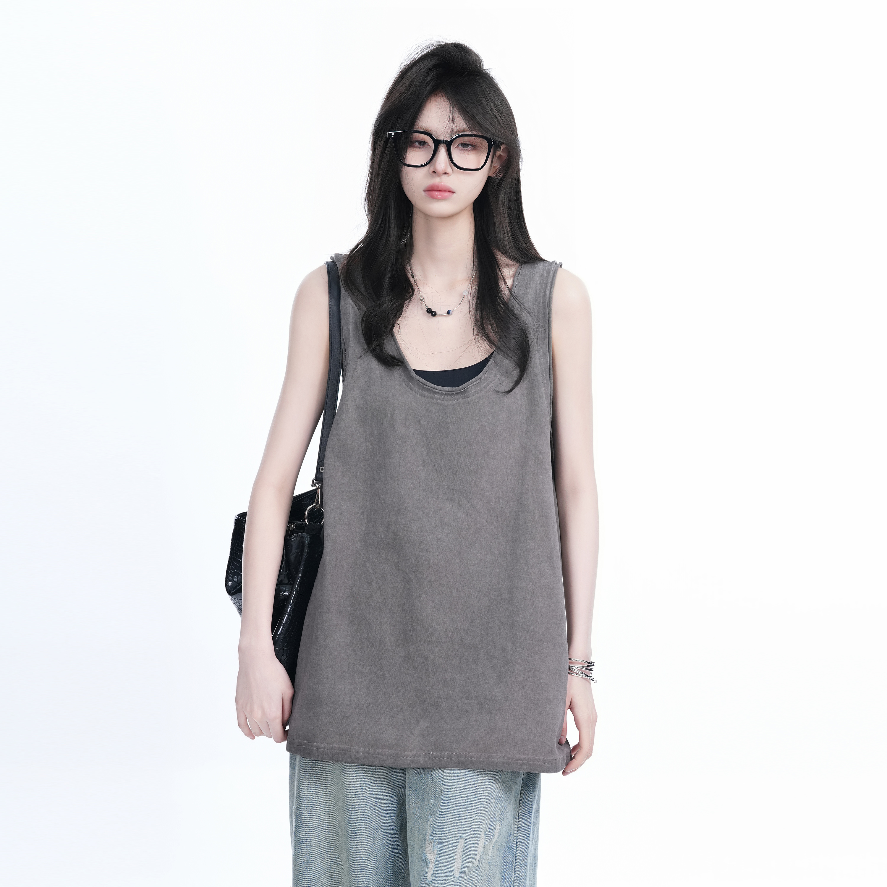 American Hip-Hop Distressed Rolled-Edge Tank Top for Women - Oversized Loose Sleeveless Tee, Trendy 90s Style