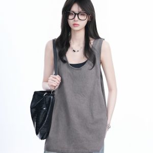 American Hip-Hop Distressed Rolled-Edge Tank Top for Women - Oversized Loose Sleeveless Tee, Trendy 90s Style