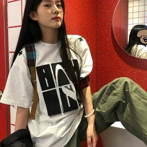 American Retro 2025 Summer Women's Short Sleeve Letter Embroidery Round Neck T-Shirt Casual Loose Fit Trendy Top