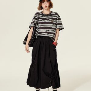 American Retro Black A-Line Half Skirt for Women, Summer Asymmetric Drawstring Design, Hip-Covering Umbrella Style
