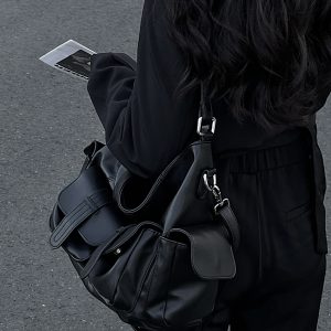 American Retro Black Slouchy Motorcycle Crossbody Bag - Large Capacity Tote for Girls, Trendy Y2K Style