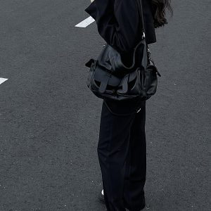 American Retro Black Slouchy Motorcycle Crossbody Bag - Large Capacity Tote for Girls, Trendy Y2K Style