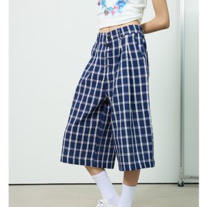 American Retro Blue and White Checkered Loose Wide-Leg Three-Quarter Pants for Women - Casual Y2K Style