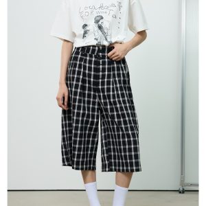 American Retro Blue and White Checkered Loose Wide-Leg Three-Quarter Pants for Women - Casual Y2K Style