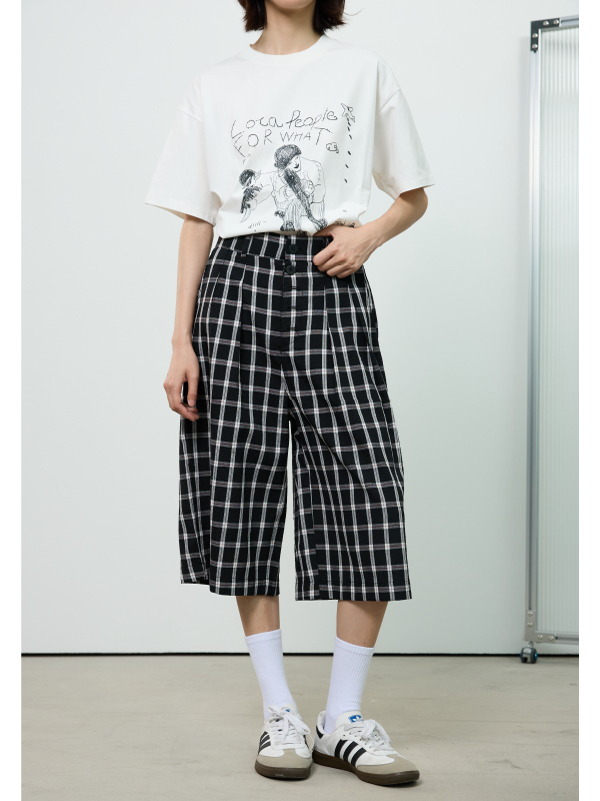 American Retro Blue and White Checkered Loose Wide-Leg Three-Quarter Pants for Women - Casual Y2K Style American Retro Blue and White Checkered Loose Wide-Leg Three-Quarter Pants for Women - Casual Y2K Style